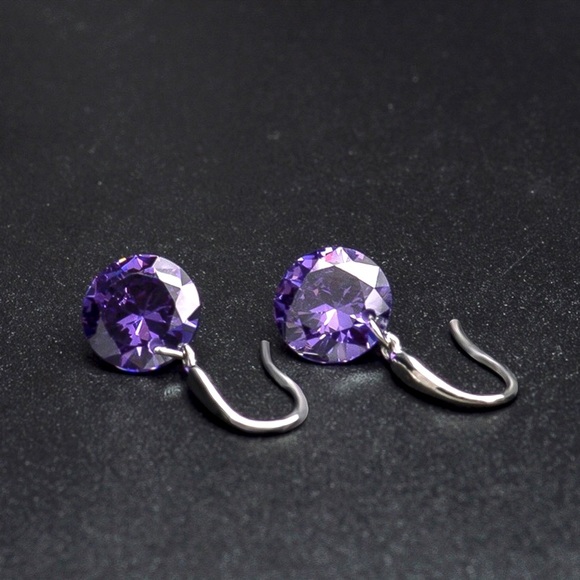 925 Stamped 8mm Purple CZ Drop Earrings - Picture 5 of 7